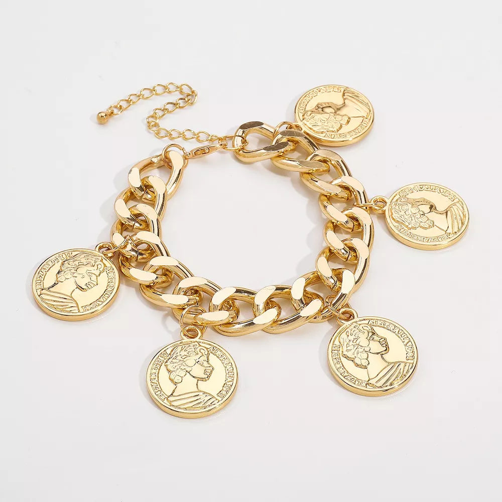 Chunky gold-plated bracelet with coin charms and adjustable chain
