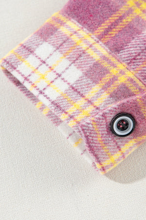 Oversized pink plaid flannel overshirt with button cuff detail
