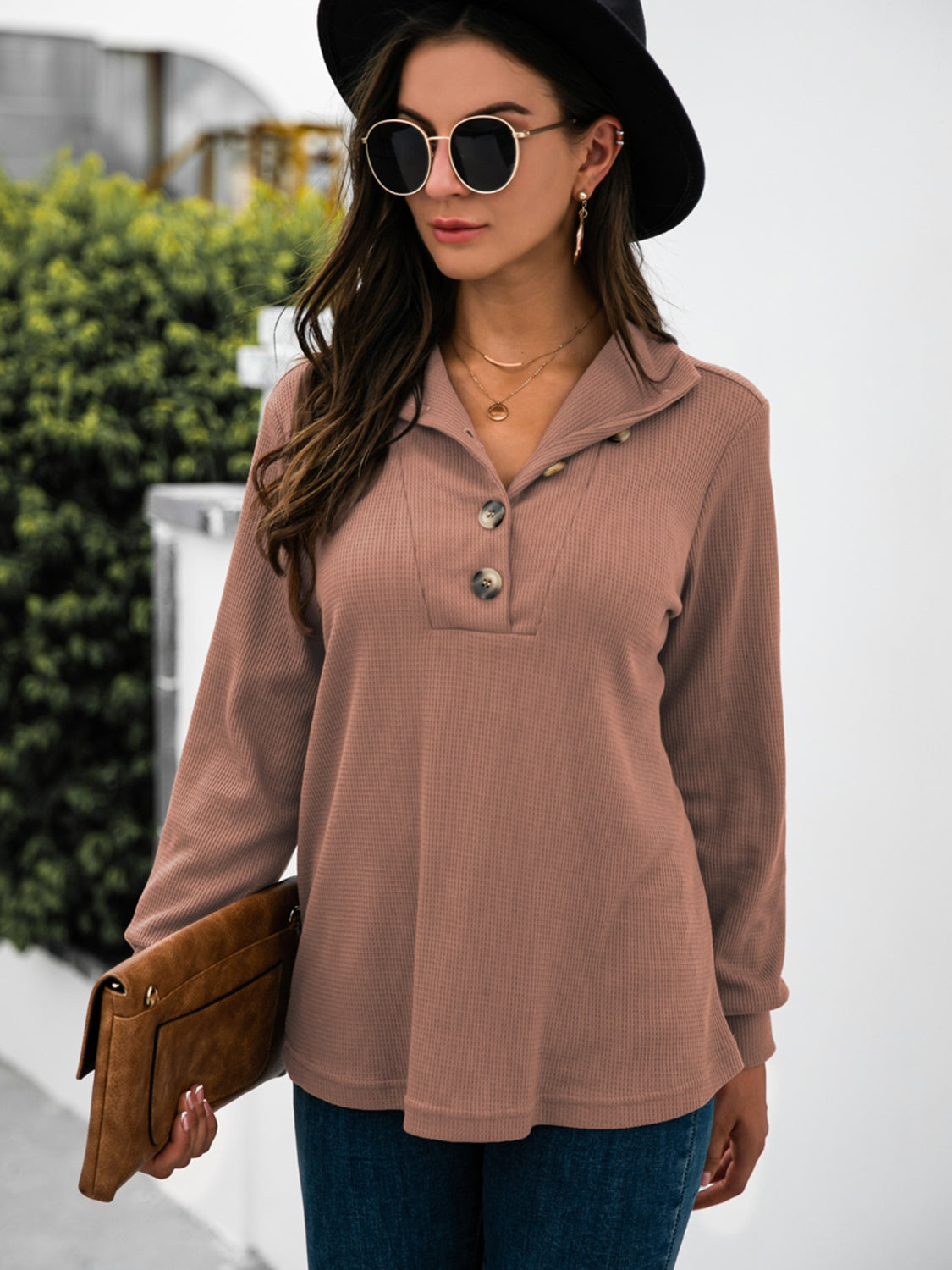Button Chic Long Sleeve Tee in Dusty Pink with waffle knit texture and button collar detail.
