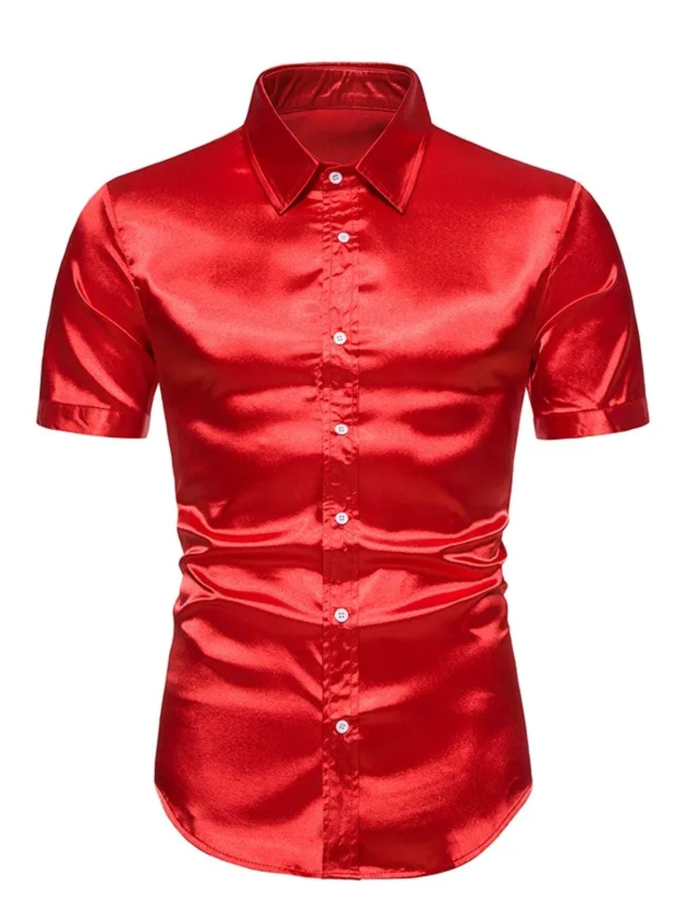 Men's red satin finish short sleeve button-up shirt with a spread collar.