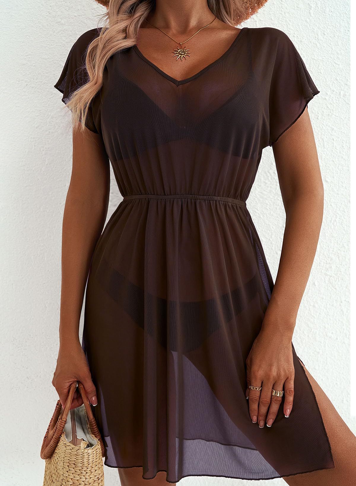 Brown sheer mini dress with V-neck, short sleeves, and side slit.