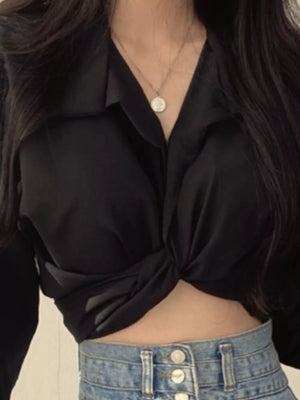 Black long sleeve maternity shirt with twisted knot front detail