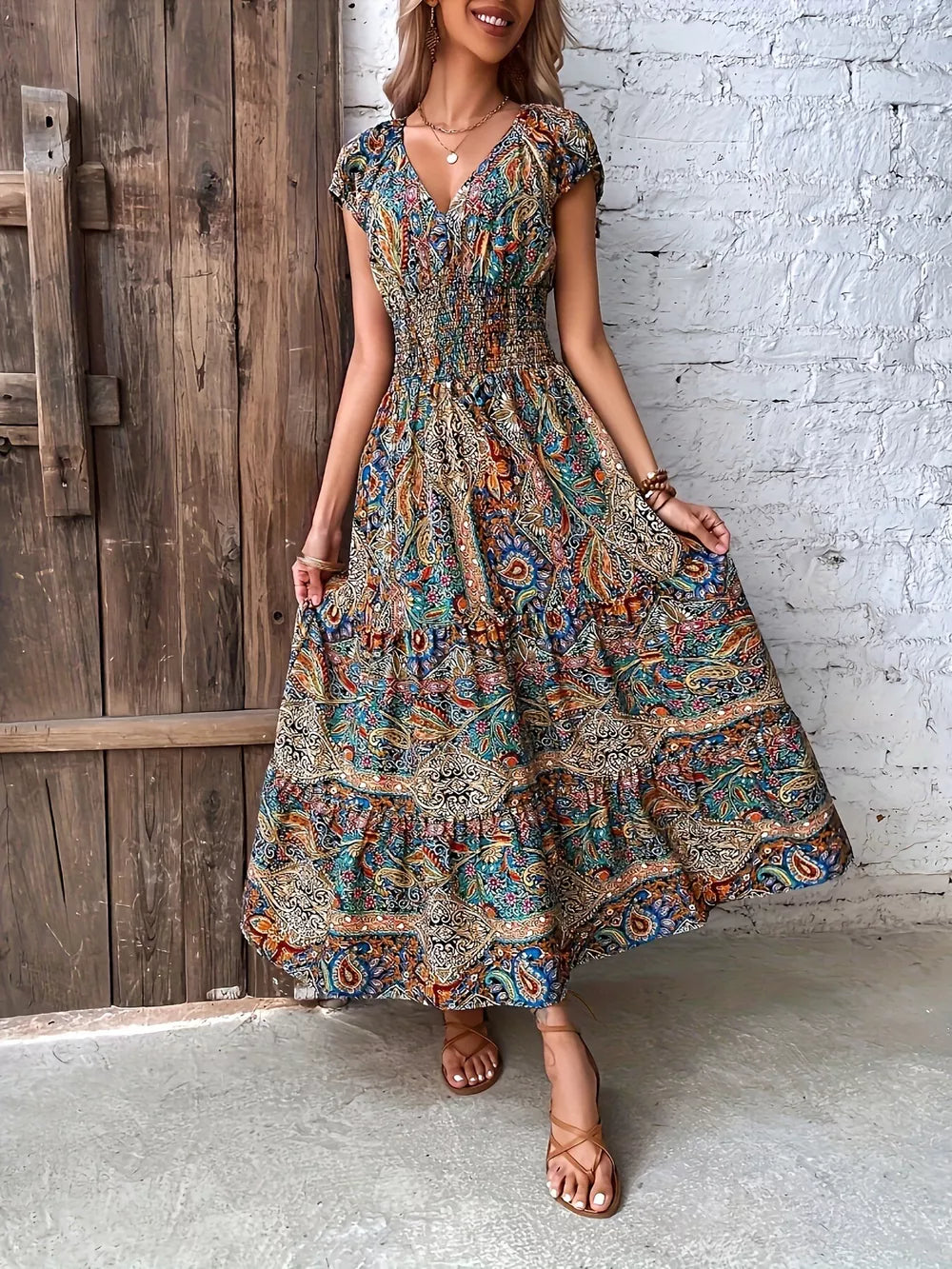 Vibrant tiered maxi dress with smocked bodice and short sleeves in a colorful paisley print.