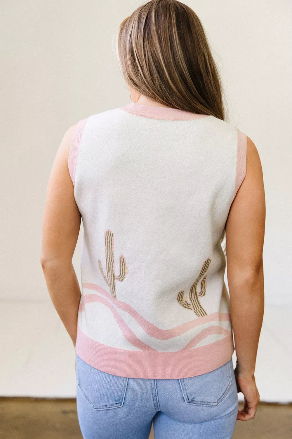 Color Block Cactus Pattern Western Sweater Vest, alternate angle