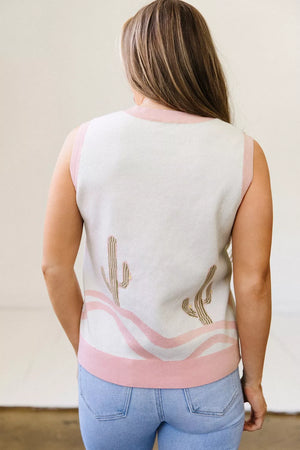 Color Block Cactus Pattern Western Sweater Vest, alternate angle