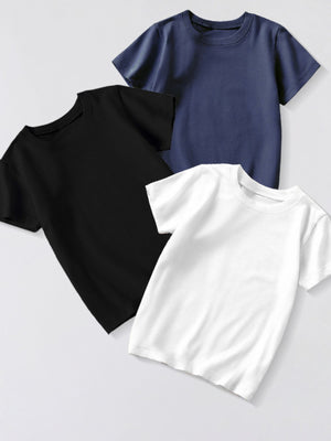 Toddler crew neck t-shirts in black, dark navy, and white cotton.