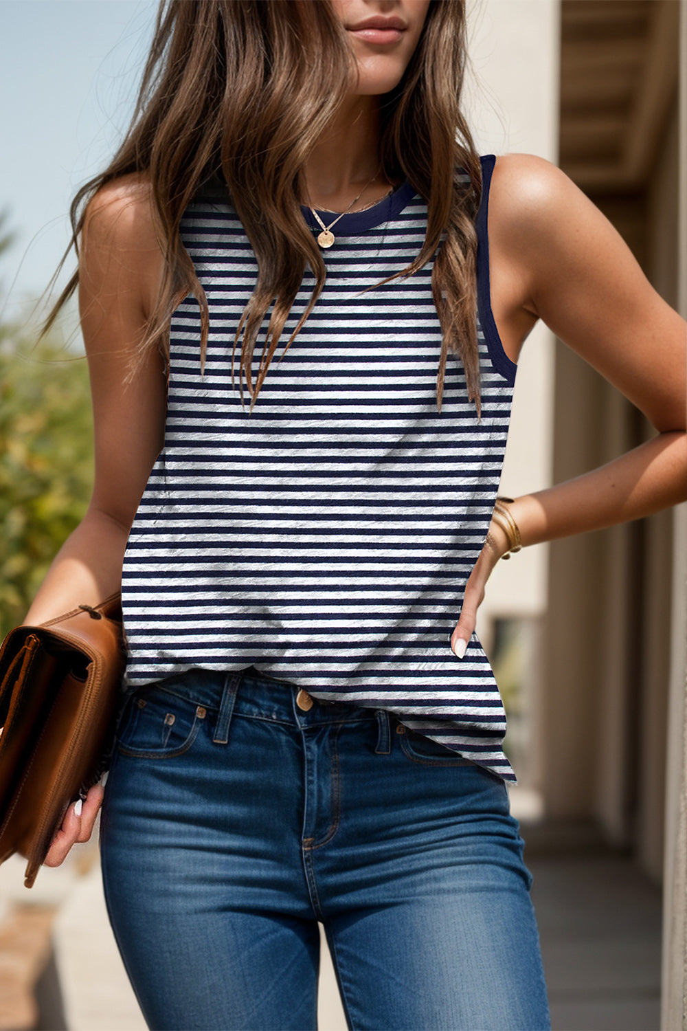 Navy and white striped tank top with contrast trim neckline and armholes