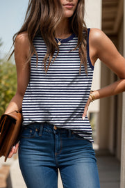 Navy and white striped tank top with contrast trim neckline and armholes