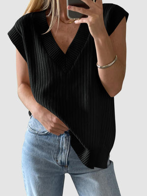 Black ribbed knit v-neck sleeveless sweater tank top