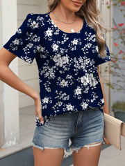 Women's dark blue floral print short sleeve blouse with pleats