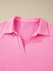 Pink cotton V-neck polo shirt with drawstring detail