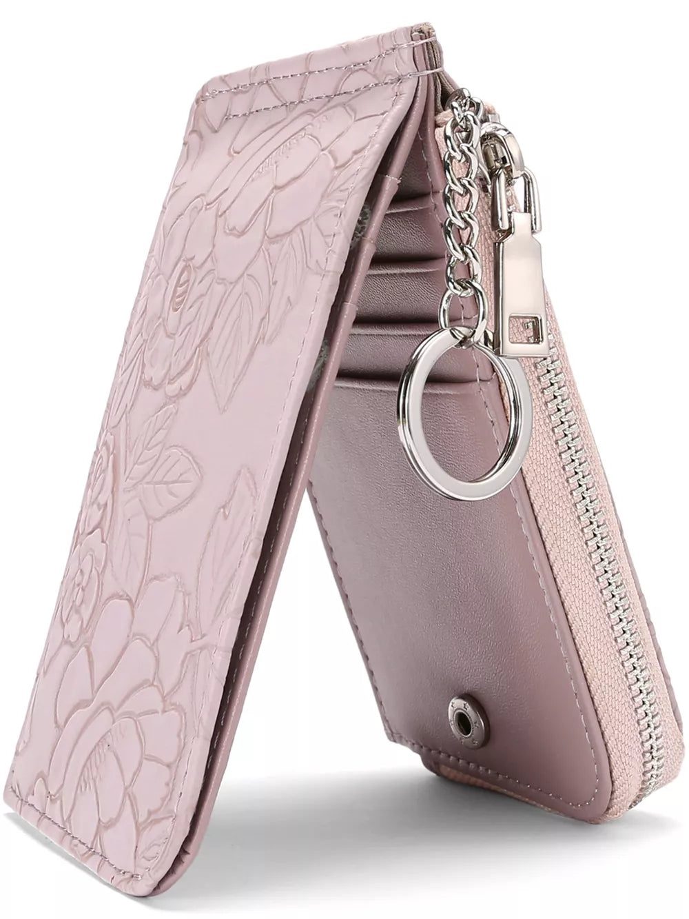 Blush pink floral embossed mini wallet with chain and keyring detail