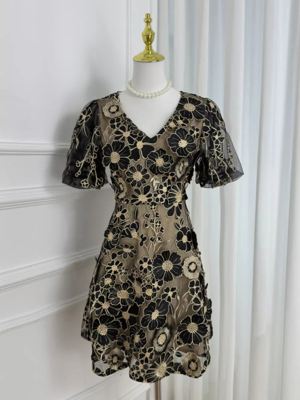 Floral Embroidery V-neck Mini Dress