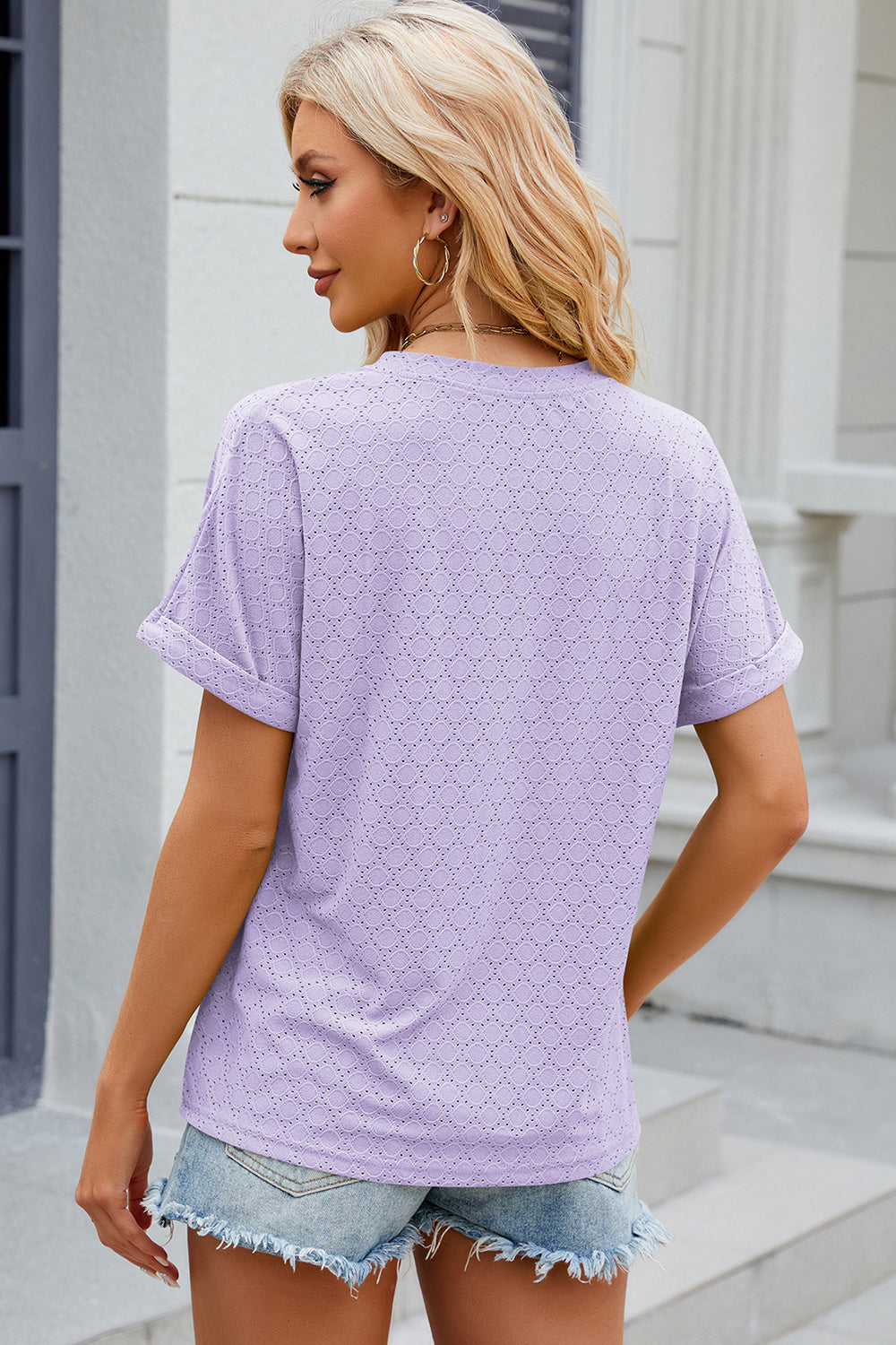 Lavender textured henley tee with rolled sleeves and eyelet pattern