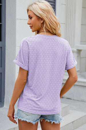 Lavender textured henley tee with rolled sleeves and eyelet pattern