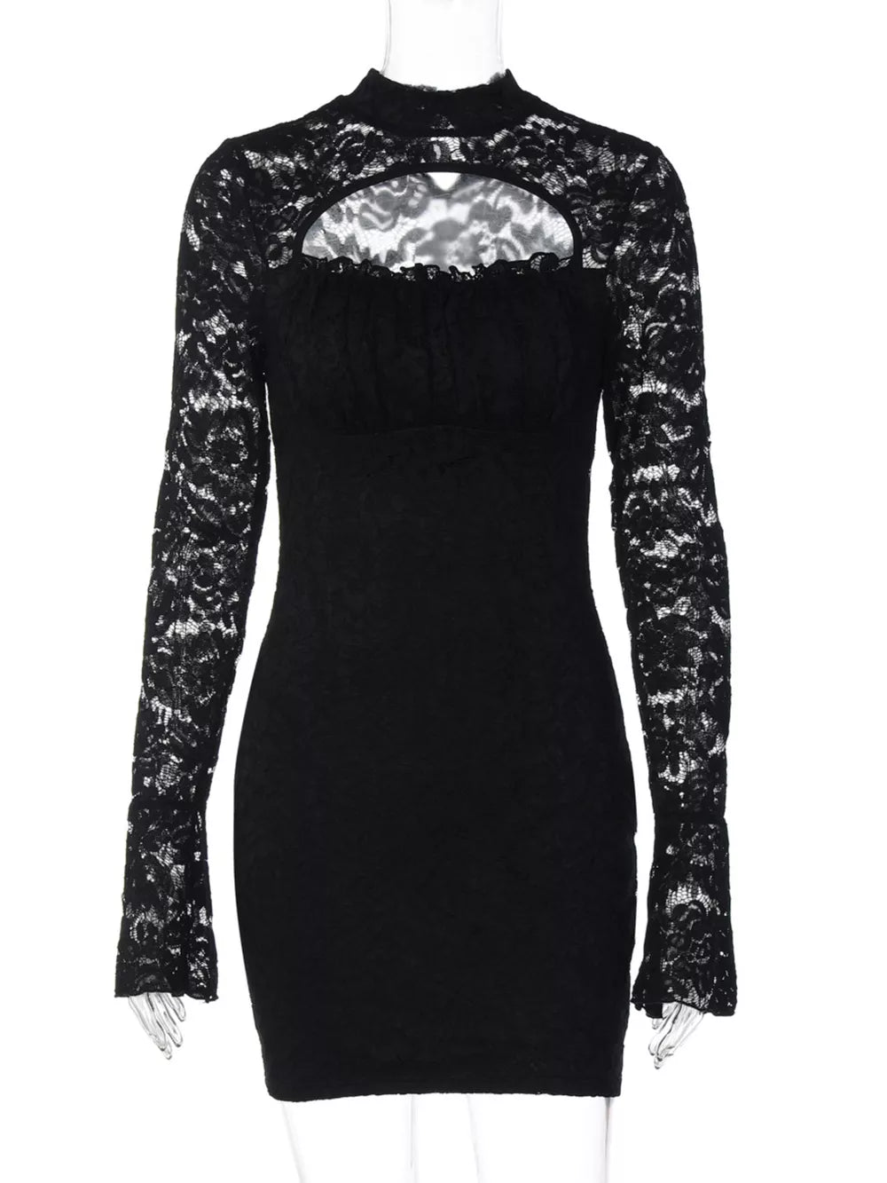 Black lace cutout mini dress with long puff sleeves and high neckline.
