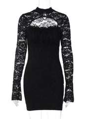 Black lace cutout mini dress with long puff sleeves and high neckline.