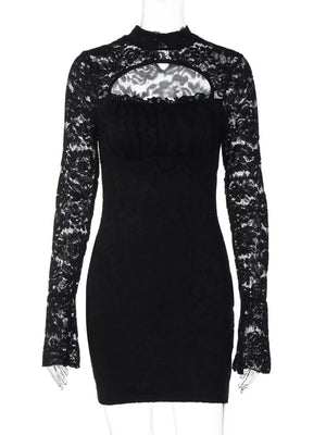 Black lace cutout mini dress with long puff sleeves and high neckline.