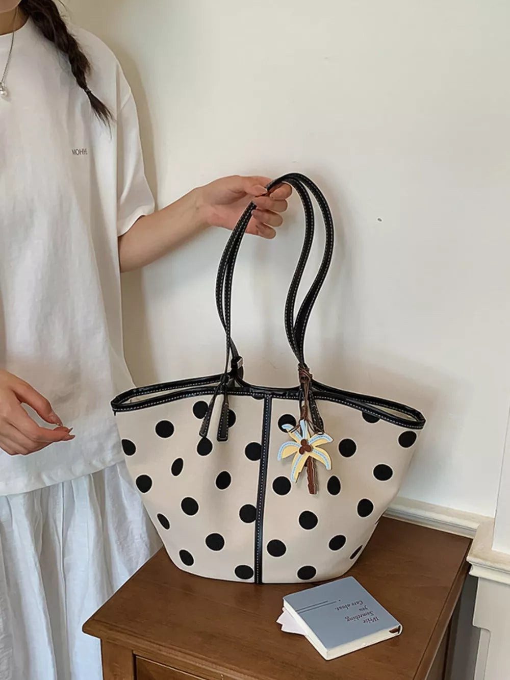 Polka Dot Shoulder Bag in White, back view