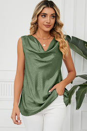 Matcha green jacquard tank top with drape neckline and subtle animal print pattern.
