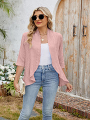 Dusty Pink eyelet cascade cardigan with open front and 3/4 sleeves, styled with a white tank and jeans.