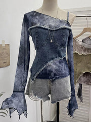 Edgy asymmetrical denim t-shirt with tie-dye mesh sleeves and frayed hem.
