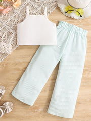 Baby girls' white tank top and pastel mint striped pants set, cotton, casual outfit.