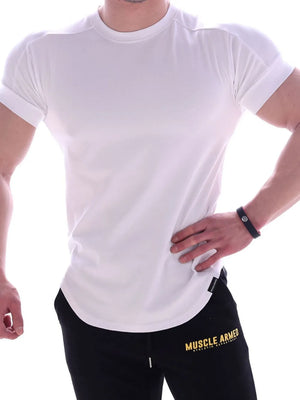 White performance t-shirt with crew neck, short sleeves, and curved hemline