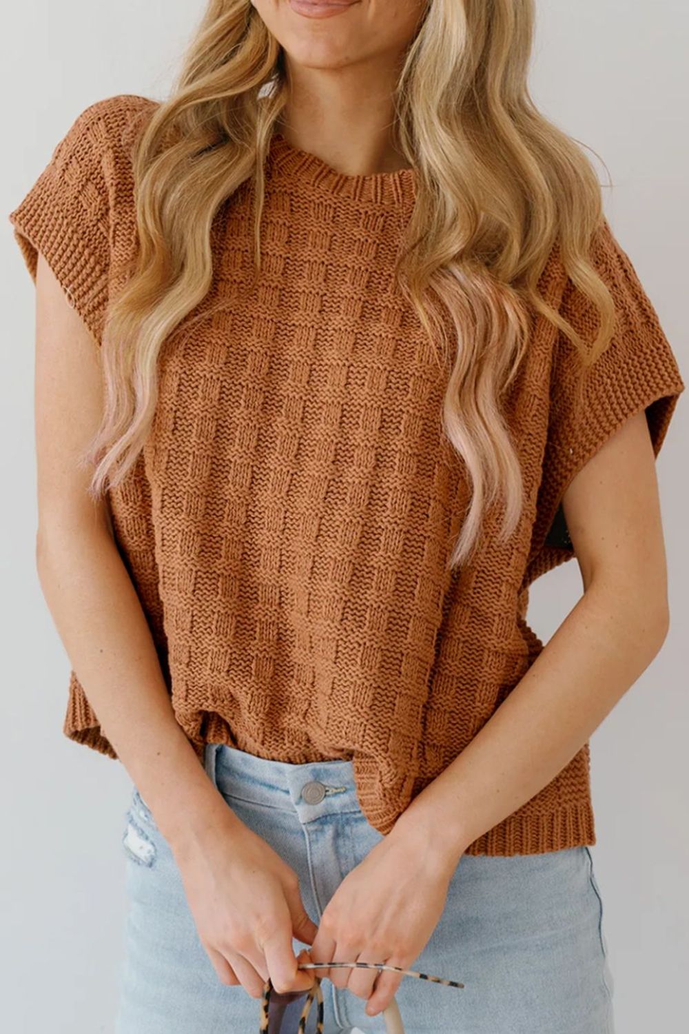 Textured knit boxy top in camel acrylic with short sleeves and crew neck.