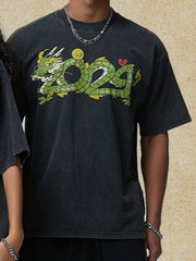 Black washed cotton t-shirt with a green dragon graphic and "2024" text.