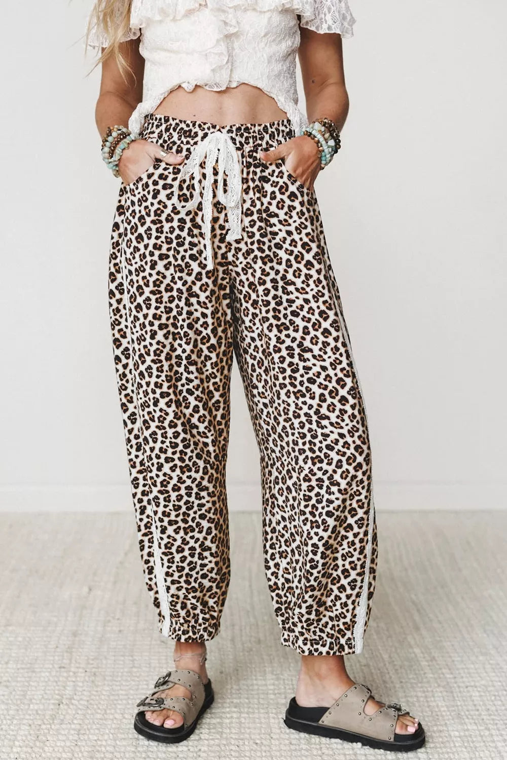 Leopard Print Ankle-length Elastic Waist Pants in Black, front view