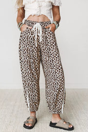 Leopard Print Ankle-length Elastic Waist Pants in Black, front view