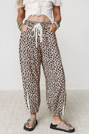Leopard Print Ankle-length Elastic Waist Pants in Black, front view