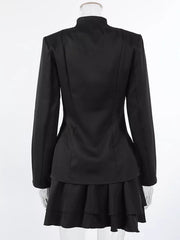 Elegant Stand Collar Blazer And Mini Skirt Set in Black, product detail