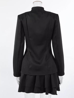Elegant Stand Collar Blazer And Mini Skirt Set in Black, product detail