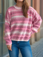Pink ombre stripe fluffy knit crewneck jumper with ribbed texture and fuzzy details.
