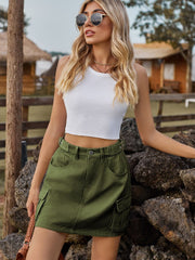 Army green denim mini skirt with belt detail and cargo pockets