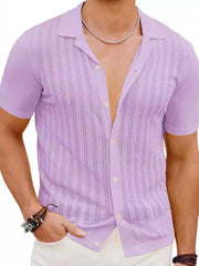 Lavender mesh button-up shirt with vertical stripe pattern, short sleeves, and open collar.