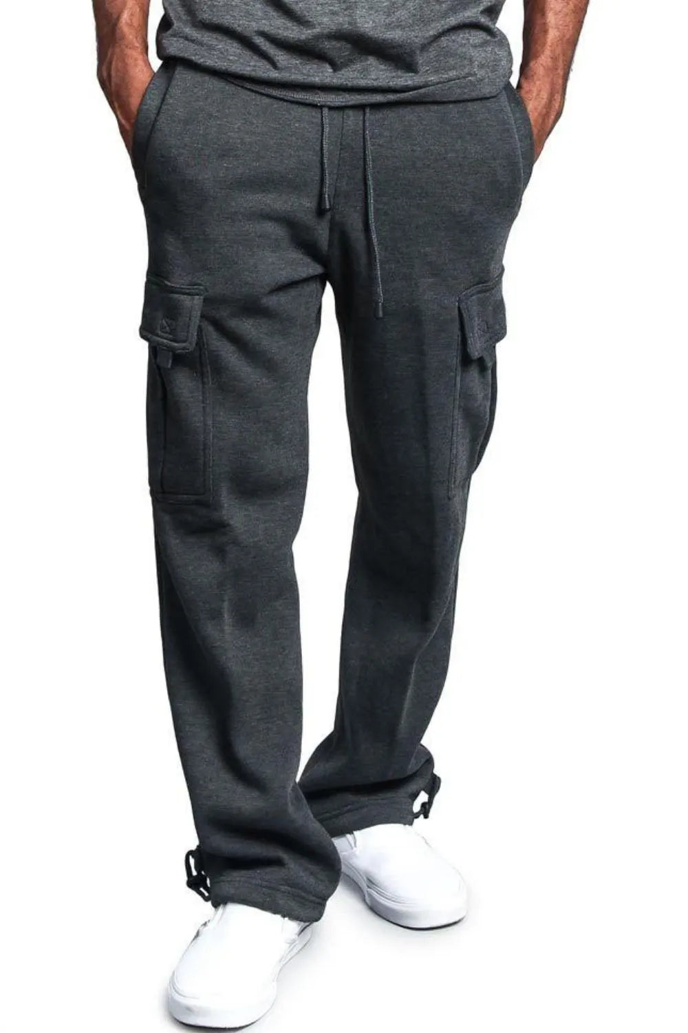 Dark gray fleece cargo lounge trousers with drawstring waist and side pockets.