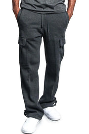 Dark gray fleece cargo lounge trousers with drawstring waist and side pockets.