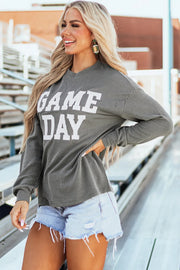Gray ribbed sweatshirt with white GAME DAY graphic and long sleeves.