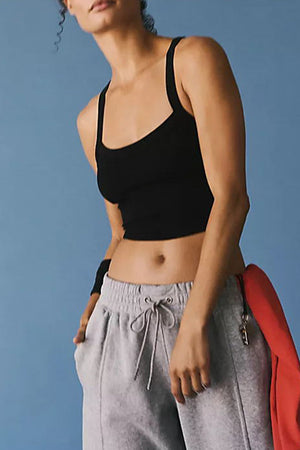 Black ribbed active tank top with scoop neck and racerback detail
