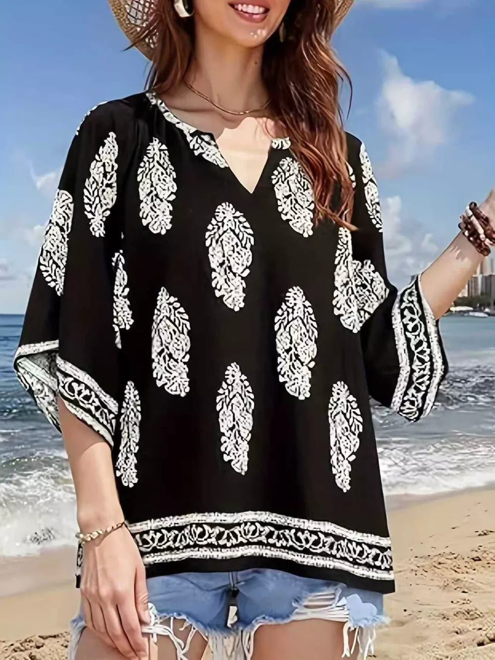 Printed Notched 3/4 Sleeve Blouse in Red, front view