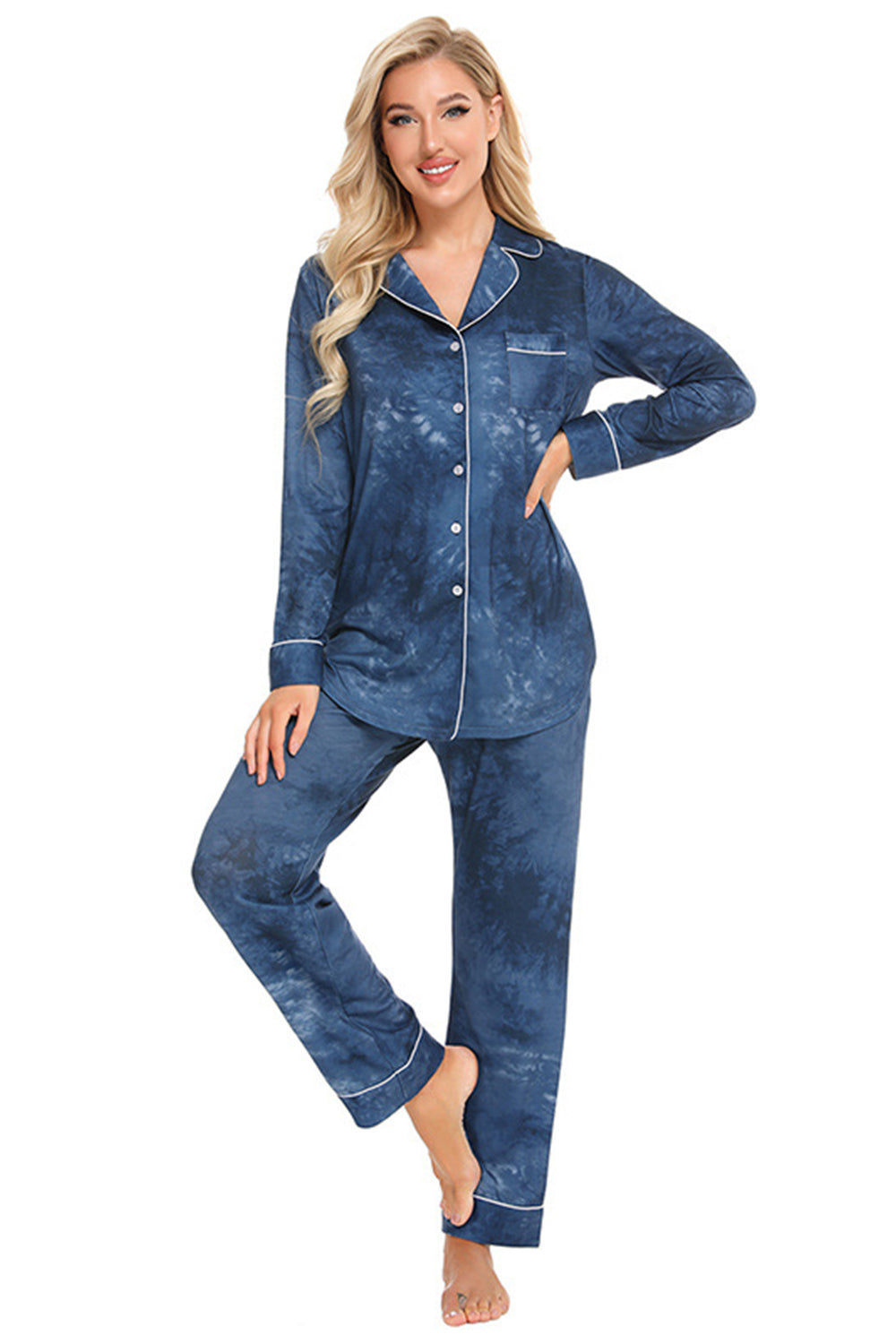 Piped trim pajama set in multicolor tie-dye French blue with long sleeves and pockets.