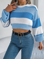 Striped crop knit sweater in Sky Blue with balloon sleeves and crew neck.