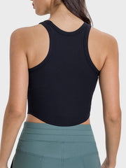 Black ribbed racerback active tank top with curved hem
