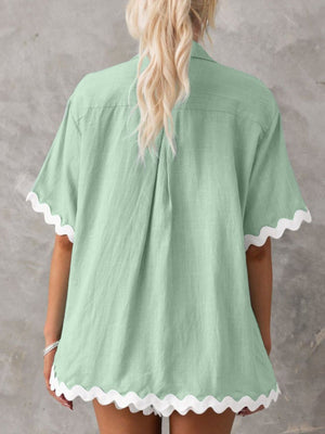 Gum Leaf linen shirt set with scalloped white trim on sleeves and hem