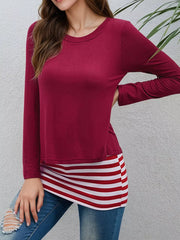 Layered Crew Neck Long Sleeve Striped T-shirt in Light Gray, close-up detail