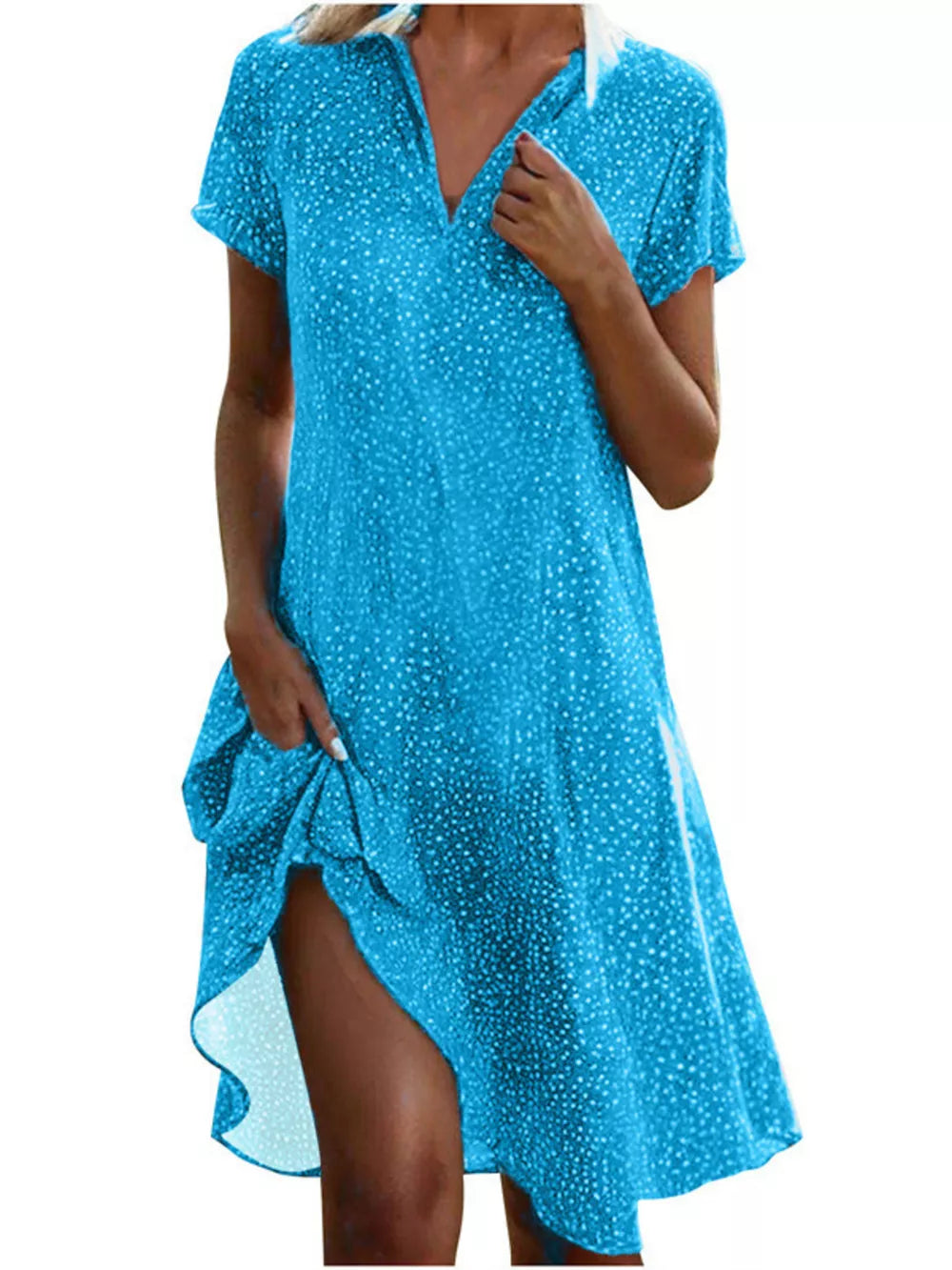 Full Size Polka Dot Short Sleeve Casual Dress in Dark Brown, fabric detail