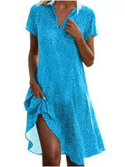 Full Size Polka Dot Short Sleeve Casual Dress in Dark Brown, fabric detail
